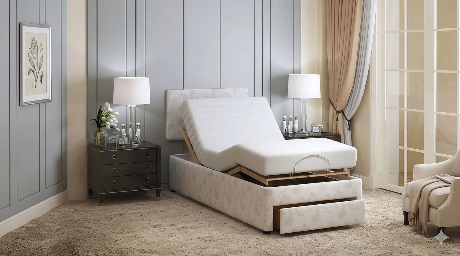 Dorchester electric adjustable bed in a modern bedroom setting.