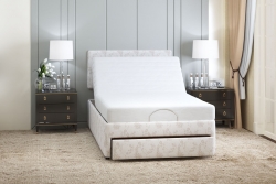 Dorchester Double bed picture head on with head raised, feet flat and with the drawer open at the foot of the bed