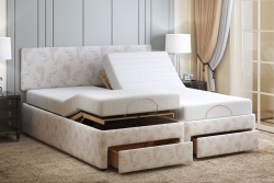 Dorchester Linked adjustable beds with head flat, feet raised and end drawer open