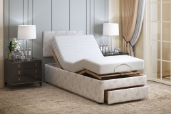 Dorchester Single adjustable bed with head and foot raised and end drawer open